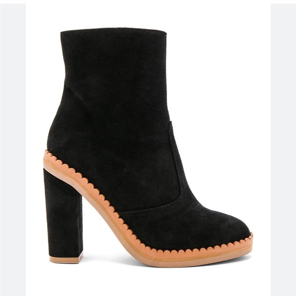 See by Chloe Stasya Black Suede Tan/Gun Scallop Detailing Booties SZ 40/9.5-10